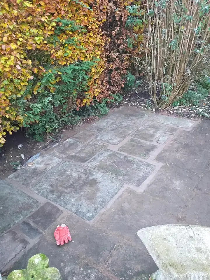 Before-and-after garden boundary: overgrown hedge replaced with a clean run of wooden fencing alongside a paved path.